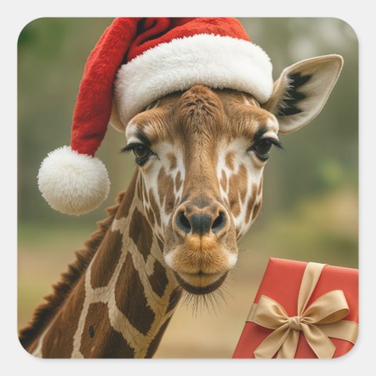 Weihnachtsgiraffe mit Feiertagsgeschenk Quadratischer Aufkleber (Vorderseite)
