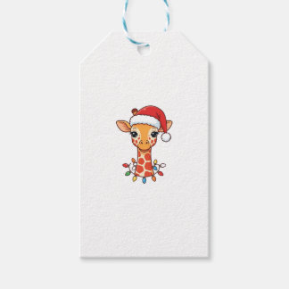 Weihnachtsgiraffe Santa Hut und bunte Lichter Geschenkanhänger