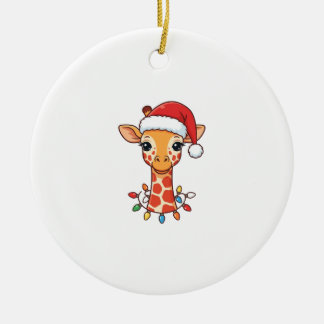 Weihnachtsgiraffe Santa Hut und bunte Lichter Keramik Ornament