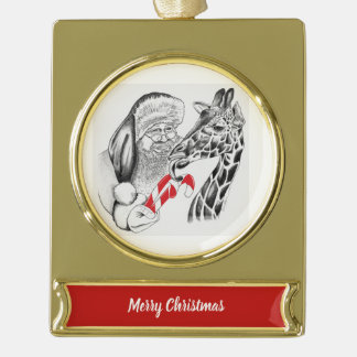 WeihnachtsGiraffe und Weihnachtsmann Banner-Ornament Gold