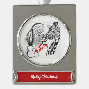 WeihnachtsGiraffe und Weihnachtsmann Banner-Ornament Silber