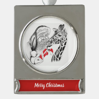 WeihnachtsGiraffe und Weihnachtsmann Banner-Ornament Silber