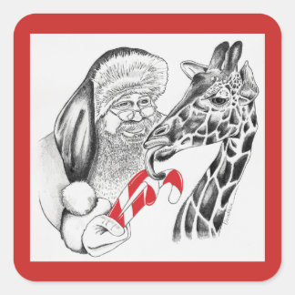 WeihnachtsGiraffe und Weihnachtsmann Quadratischer Aufkleber