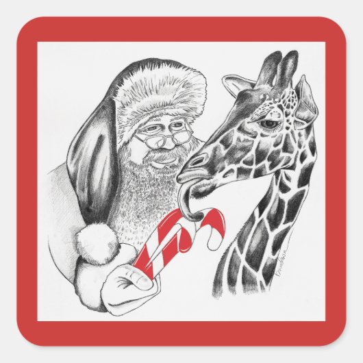 WeihnachtsGiraffe und Weihnachtsmann Quadratischer Aufkleber (Vorderseite)