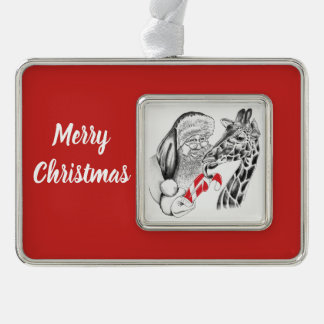 WeihnachtsGiraffe und Weihnachtsmann Rahmen-Ornament Silber