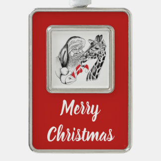 WeihnachtsGiraffe und Weihnachtsmann Rahmen-Ornament Silber