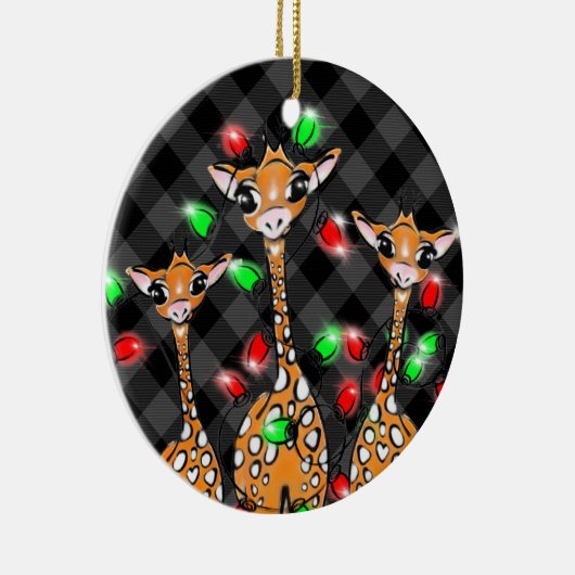 Weihnachtsgiraffen, graue karierte Lichter Keramik Ornament (Rechts)