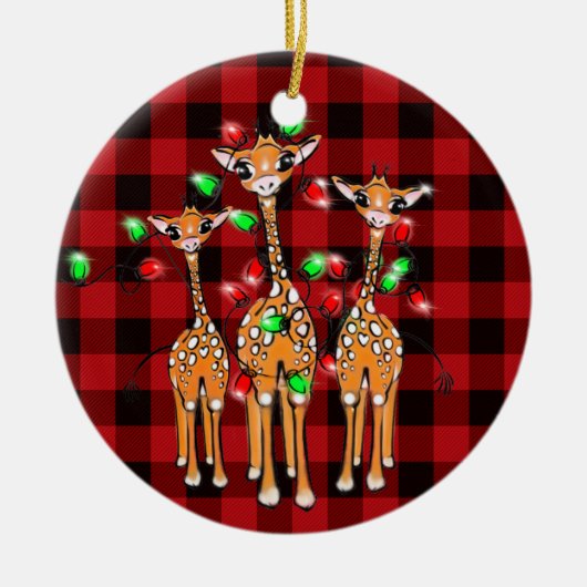 Weihnachtsgiraffen, kariert schwarz keramik ornament (Vorne)