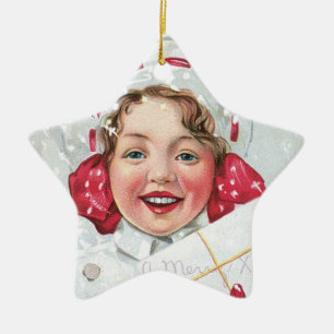 Weihnachtsgirl mit Paket - Stern Keramik Ornament