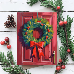 Weihnachtsgirlande Rote Tür Aquarell Feiertagskarte