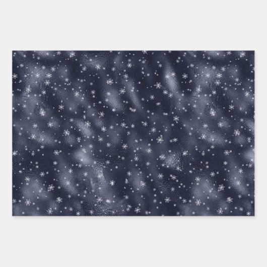 Weihnachtsglam Snowflake Muster Navy Blue Silver Geschenkpapier Set (Vorderseite)