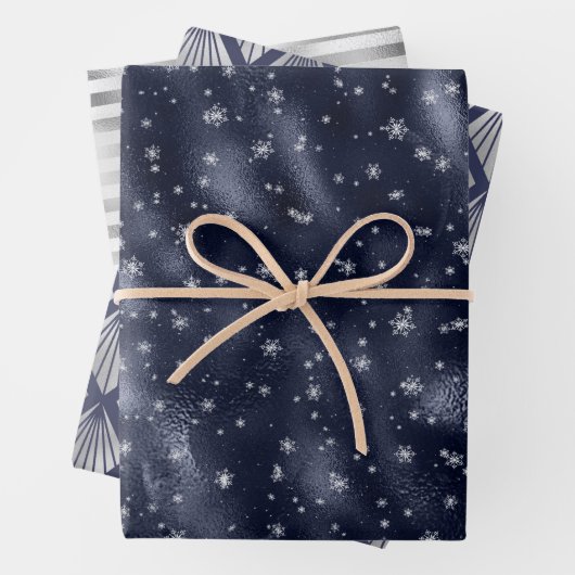 Weihnachtsglam Snowflake Muster Navy Blue Silver Geschenkpapier Set (Beispiel)