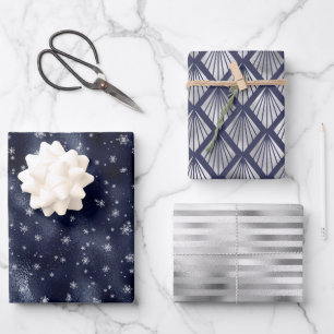 Weihnachtsglam Snowflake Muster Navy Blue Silver Geschenkpapier Set