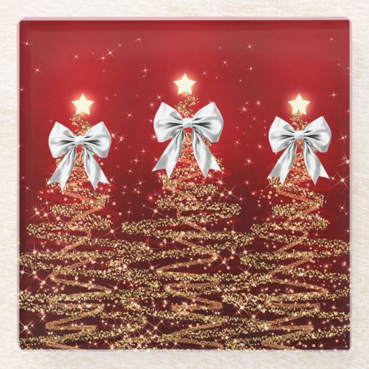 Weihnachtsglanzbäume Rot Silber Falsche Schleife Glasuntersetzer (Vorderseite)