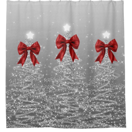 Weihnachtsglanzbäume Silber Falsche Rote Schleife Duschvorhang (Vorderseite)