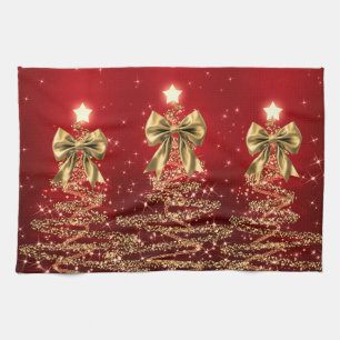 Weihnachtsglänzende Bäume Rot Gold Falsche Schleif Geschirrtuch