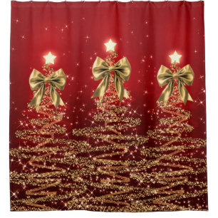 Weihnachtsglänzende Bäume Rot Gold Falscher Bogen Duschvorhang