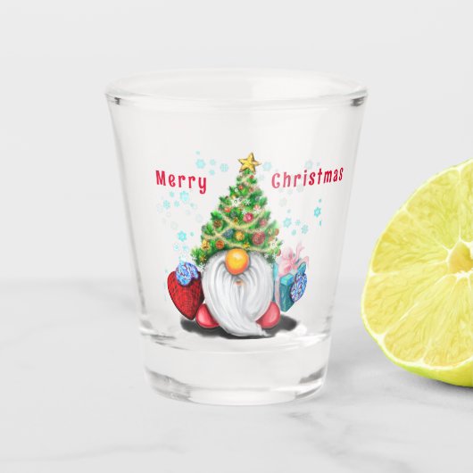 Weihnachtsglas-Gnome mit Geschenk Schnapsglas (Vorderseite)