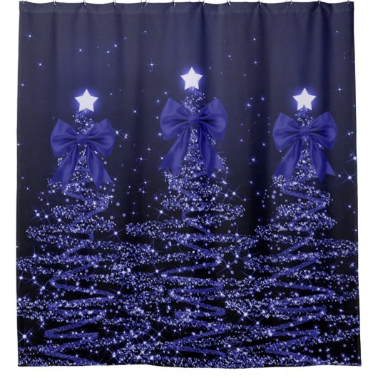 Weihnachtsglitzbäume Navy Blau Falsche Schleife Duschvorhang (Vorderseite)