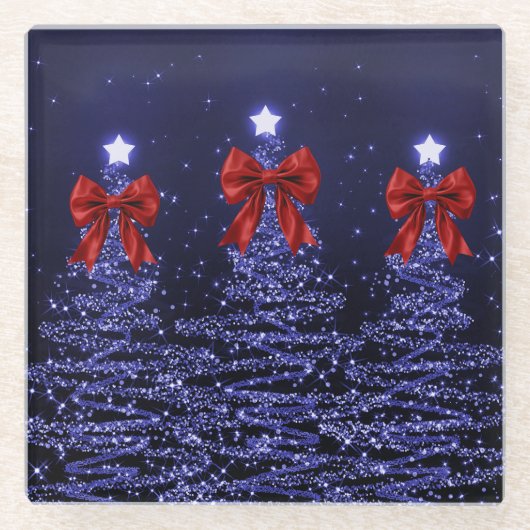 Weihnachtsglitzbäume Navy Blau mit falscher roter Glasuntersetzer (Vorderseite)