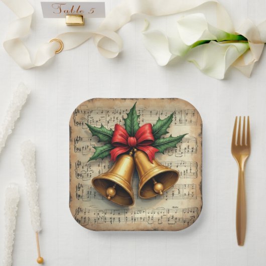 Weihnachtsglocken auf Notenpapier, Pappteller (Hochzeit)