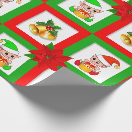 Weihnachtsglocken, Poinsettia, Elfe auf grün und r Geschenkpapier (Ecke)