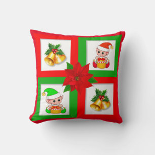 Weihnachtsglocken, Poinsettia, Elfe auf grün und r Kissen