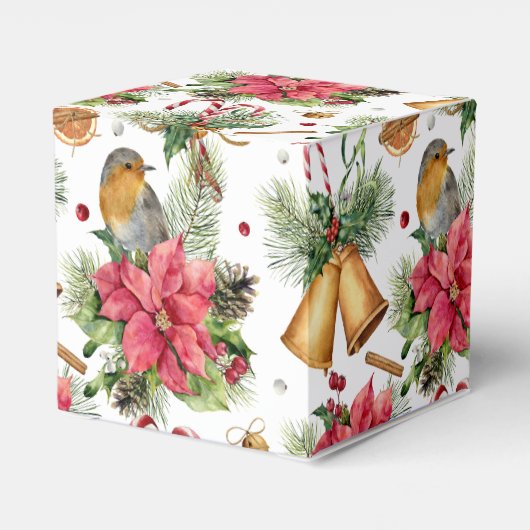 Weihnachtsglocken, Poinsettia, Rotkehlchen, Bonbon Geschenkschachtel (Rückseite)