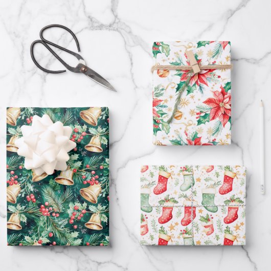 Weihnachtsglocken, Poinsettias und Strumpf Geschenkpapier Set (Vorderseite)