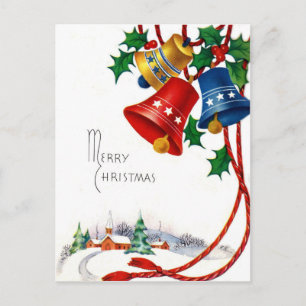 Weihnachtsglocken und Dorfkirche im Schnee vintage Postkarte