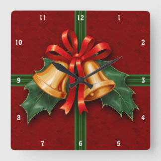 Weihnachtsglocken und Holly Blätter Rot Quadratische Wanduhr