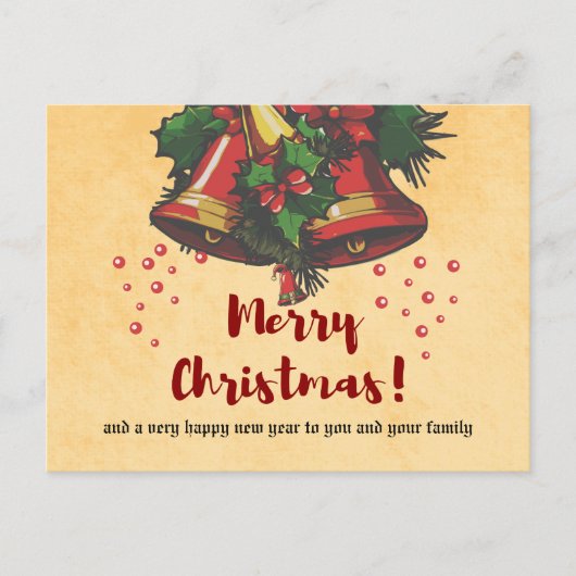 Weihnachtsglocken und Holly Greetings Feiertagspostkarte (Vorderseite)