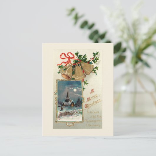 Weihnachtsglocken und Rustikale Kirche im Schnee Postkarte (Stehend Vorderseite)