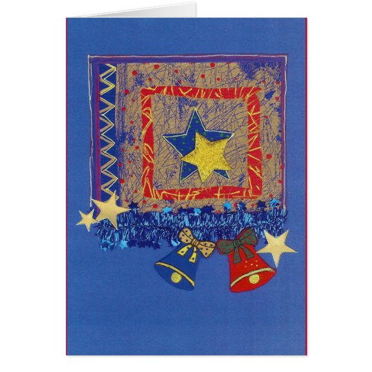 Weihnachtsglocken und Sterne in Blau-Rot Karte
