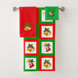 Weihnachtsglocken und Strumpf auf Grün, Rot und We Badhandtuch Set