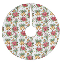 Weihnachtsglocken, Vögel & Poinsettias Polyester Weihnachtsbaumdecke