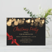 Weihnachtsglühen Gold und Rotes Band Einladung (Stehend Vorderseite)