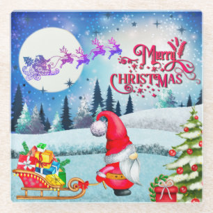 Weihnachtsgnom und Geschenke von Santas Schlitten Glasuntersetzer
