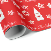 Weihnachtsgnome, Schneeflocken & Stars auf Rot Geschenkpapier (Rolleneckpunkt)