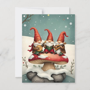 Weihnachtsgnome spielen Musik auf einem Pilz Feiertagskarte