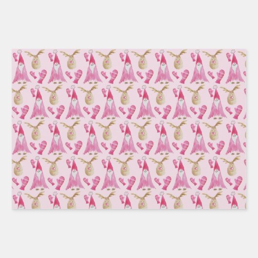 Weihnachtsgnomen und Rentiere mit Handschuhen Geschenkpapier Set (Vorderseite 2)