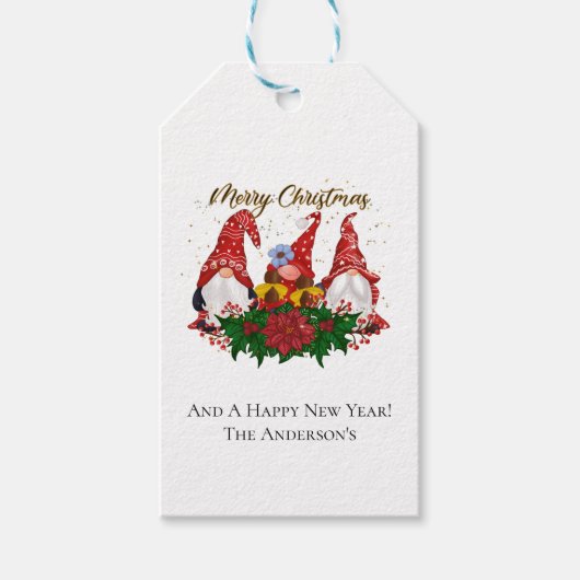 Weihnachtsgnomes Poinsettia Whimsical Woodland Geschenkanhänger (Vorderseite)
