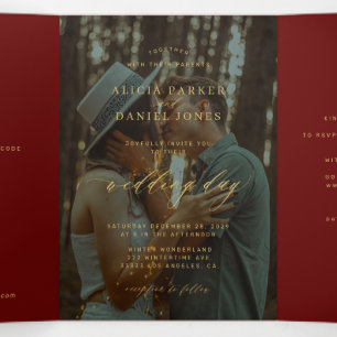 Weihnachtsgold-Bordeaux-Foto-Hochzeit RSVP QR Dreifach Gefaltete Einladung