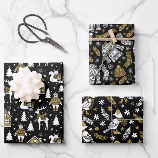 Weihnachtsgold Schwarz-weiß Geschenkpapier Set (Vorderseite)