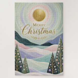 Weihnachtsgoldene Sonne Pastell-Berglandschaft Puzzle