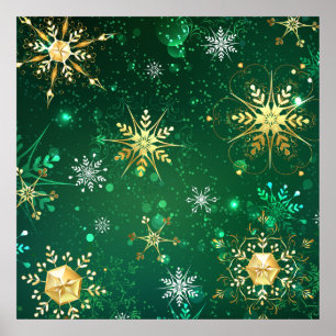 Weihnachtsgoldschneeflocken auf grünem Hintergrund Poster