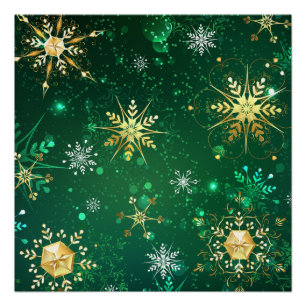 Weihnachtsgoldschneeflocken auf grünem Hintergrund Poster