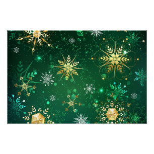 Weihnachtsgoldschneeflocken auf grünem Hintergrund Poster