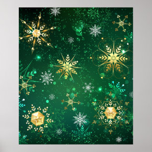 Weihnachtsgoldschneeflocken auf grünem Hintergrund Poster