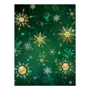 Weihnachtsgoldschneeflocken auf grünem Hintergrund Poster
